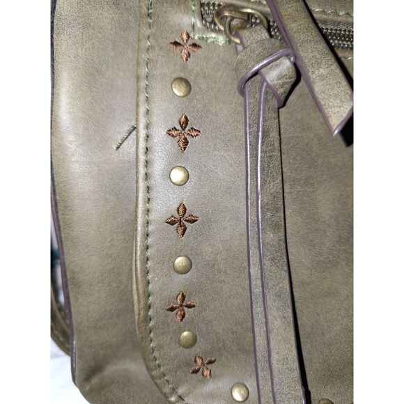 Army Green Women's Crossbody Purse Shoulder Bag Embroidered Vinyl Boho Hippie - Picture 3 of 11